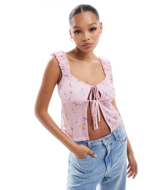 ASOS DESIGN – Camisole-Oberteil in Babyrosa im Milchmädchen-Stil mit Bindeband vorn