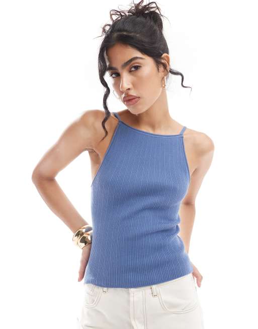 ASOS DESIGN – Camisole-Oberteil in Blau mit Rollsaum und Riemchen-Design hinten