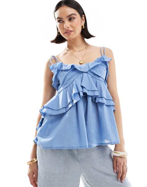 ASOS DESIGN – Camisole-Oberteil in Blau mit Rüschen und gebundenen Trägern - view 1