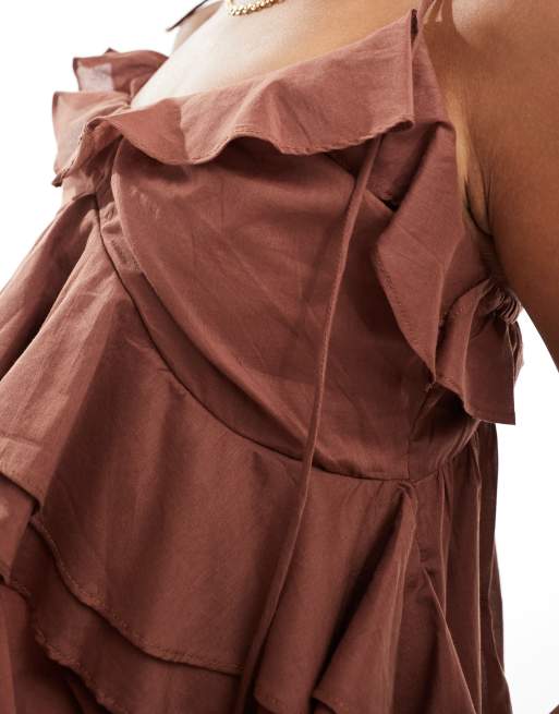 ASOS DESIGN – Camisole-Oberteil in Braun mit Rüschen und gebundenen Trägern, 3 von 4