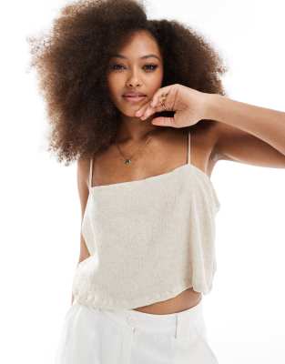 ASOS DESIGN - Camisole-Oberteil in naturfarbener Leinenoptik mit eckigem Ausschnitt und Knitterstruktur-Neutral