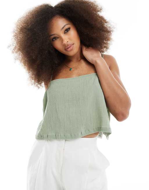 ASOS DESIGN – Camisole-Oberteil in salbeigrüner Leinenoptik mit eckigem Ausschnitt und Knitterstruktur