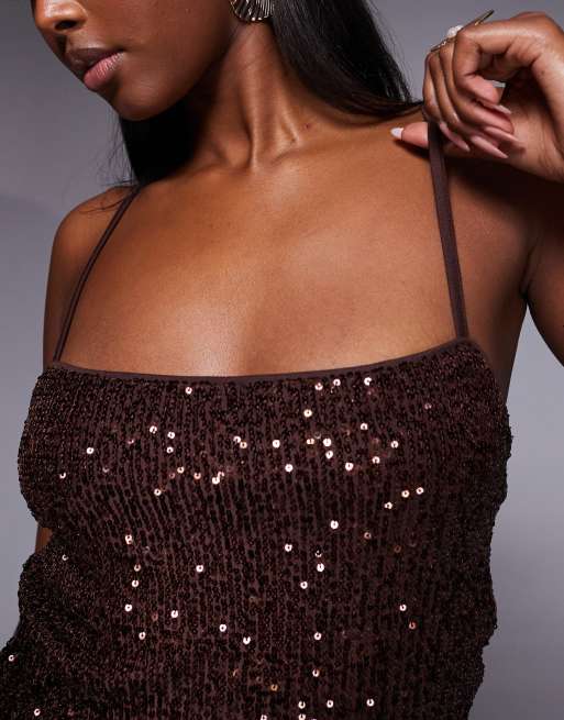 ASOS DESIGN – Camisole-Oberteil in Schokobraun mit durchgehendem Paillettenbesatz, 3 von 4