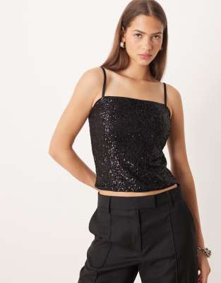 ASOS DESIGN - Camisole-Oberteil in Schwarz mit durchgehendem Paillettenbesatz