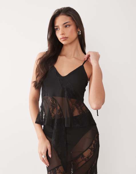 ASOS DESIGN – Camisole-Oberteil in Schwarz mit Netzstoff und Spitzeneinsatz, Kombiteil - view 1