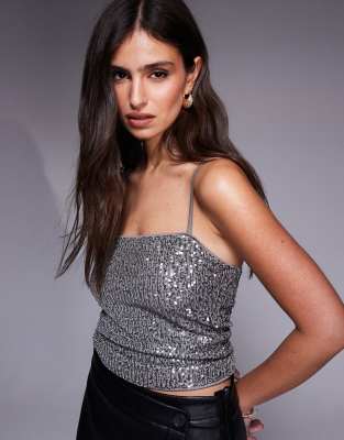 ASOS DESIGN - Camisole-Oberteil in Silber mit durchgehendem Paillettenbesatz