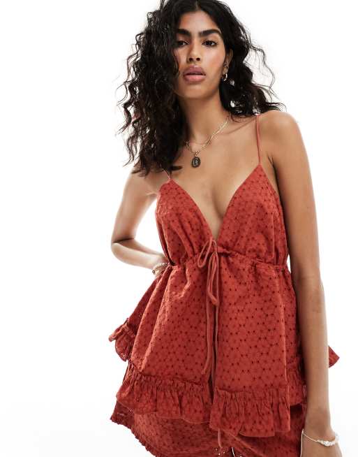ASOS DESIGN Camisole Oberteil in Terrakotta mit SchoBchen Lochstickerei und Ruschen Kombiteil ASOS