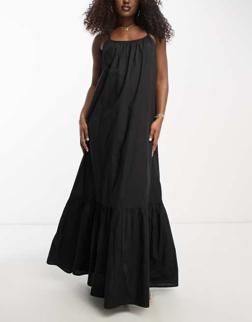 ASOS DESIGN – Camisole-Strandkleid in Schwarz in Maxi-Länge mit hinten abfallendem Saum