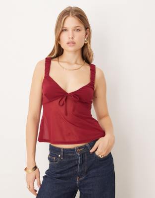 ASOS DESIGN - Camisole-Top aus Netzstoff in Rote Bete mit Schleifendetail
