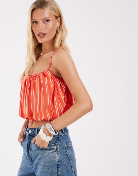 ASOS DESIGN Camitop aus Leinenmix mit Ballonform und roten Streifen - view 1