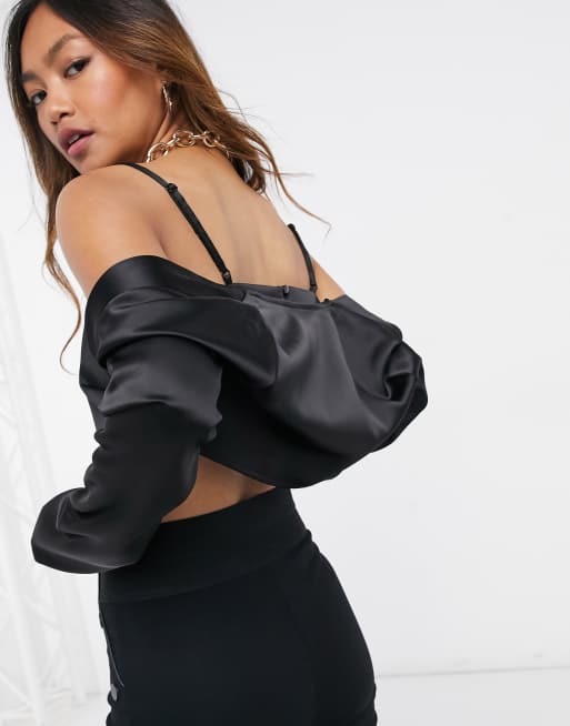 ASOS DESIGN - Camitop en bolero van satijn, co-ord set in zwart, 2 van 4