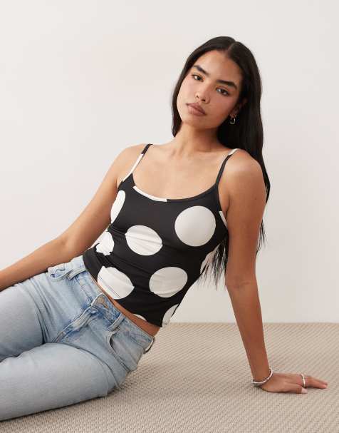 ASOS DESIGN - Camitop met lage ronde hals en stippen in zwart-wit - view 1