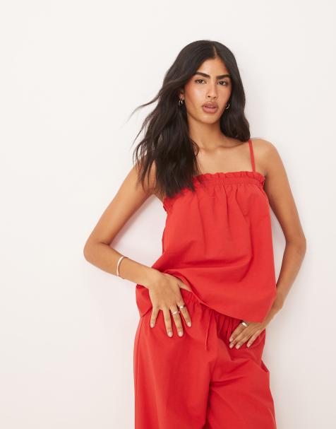 ASOS DESIGN - Camitop met linnenlook en A-lijn in rood, deel van co-ord set - view 1