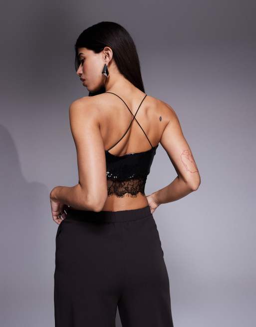 ASOS DESIGN - Camitop met lovertjes en kanten afwerking in zwart, 2 van 4