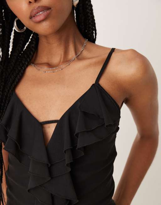 ASOS DESIGN - Camitop met mesh en ruches in zwart, 2 van 4