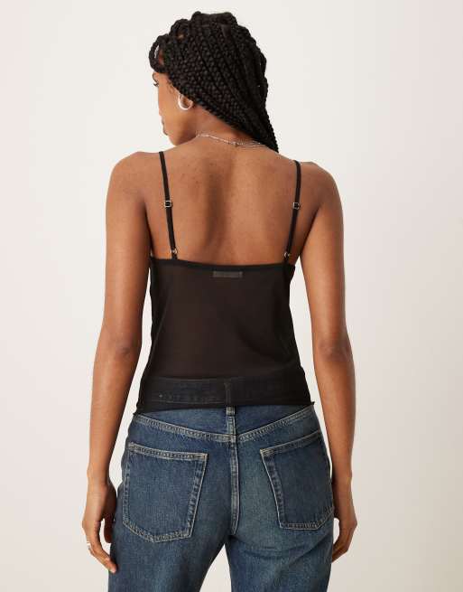 ASOS DESIGN - Camitop met mesh en ruches in zwart, 3 van 4