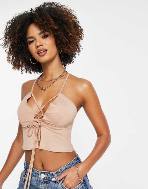 ASOS DESIGN - Camitop met vetersluiting aan de voorkant in taupe