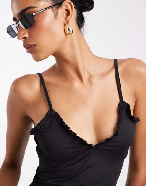 ASOS DESIGN - Camitop van gladde stof met ruches in zwart - view 1