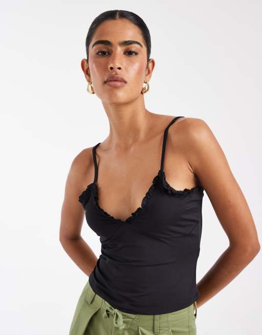 ASOS DESIGN - Camitop van gladde stof met ruches in zwart, 4 van 4