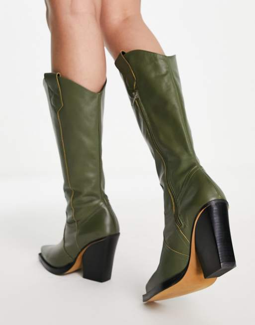 ASOS DESIGN – Camouflage – Olivgröna, knähöga boots i cowboystil av premiumläder, 3 av 4