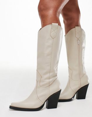ASOS DESIGN Camouflage premium leather western knee boots in cream