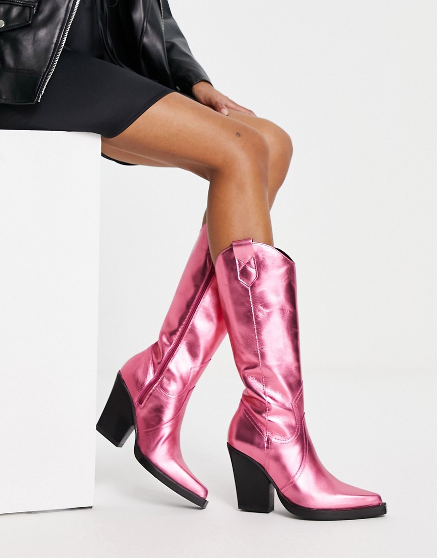 ASOS DESIGN Camouflage premium leather western knee boots in pink