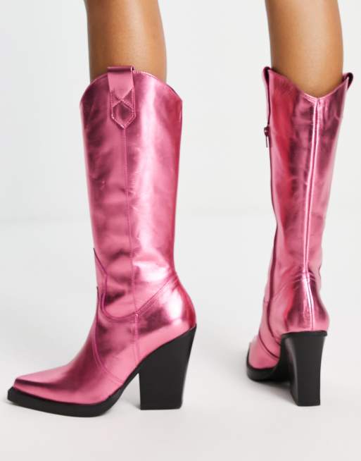 ASOS DESIGN Camouflage premium leather western knee boots in pink