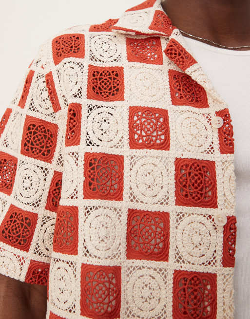 ASOS DESIGN camp collar crochet shirt in red and white