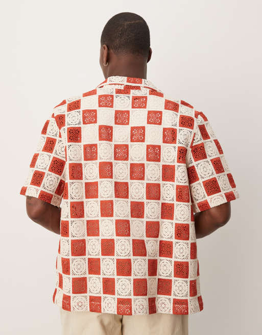 ASOS DESIGN camp collar crochet shirt in red and white