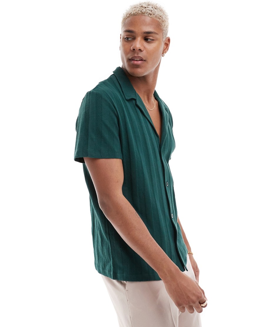 Asos Design Camp Collar Jersey Shirt In Green Boucle Rib