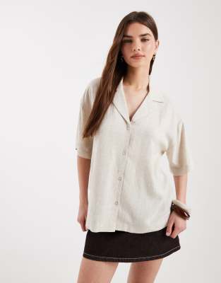 Asos Design Camp Collar Linen Shirt In Metallic