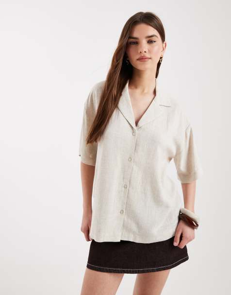 ASOS DESIGN camp collar linen shirt in oatmeal - view 1
