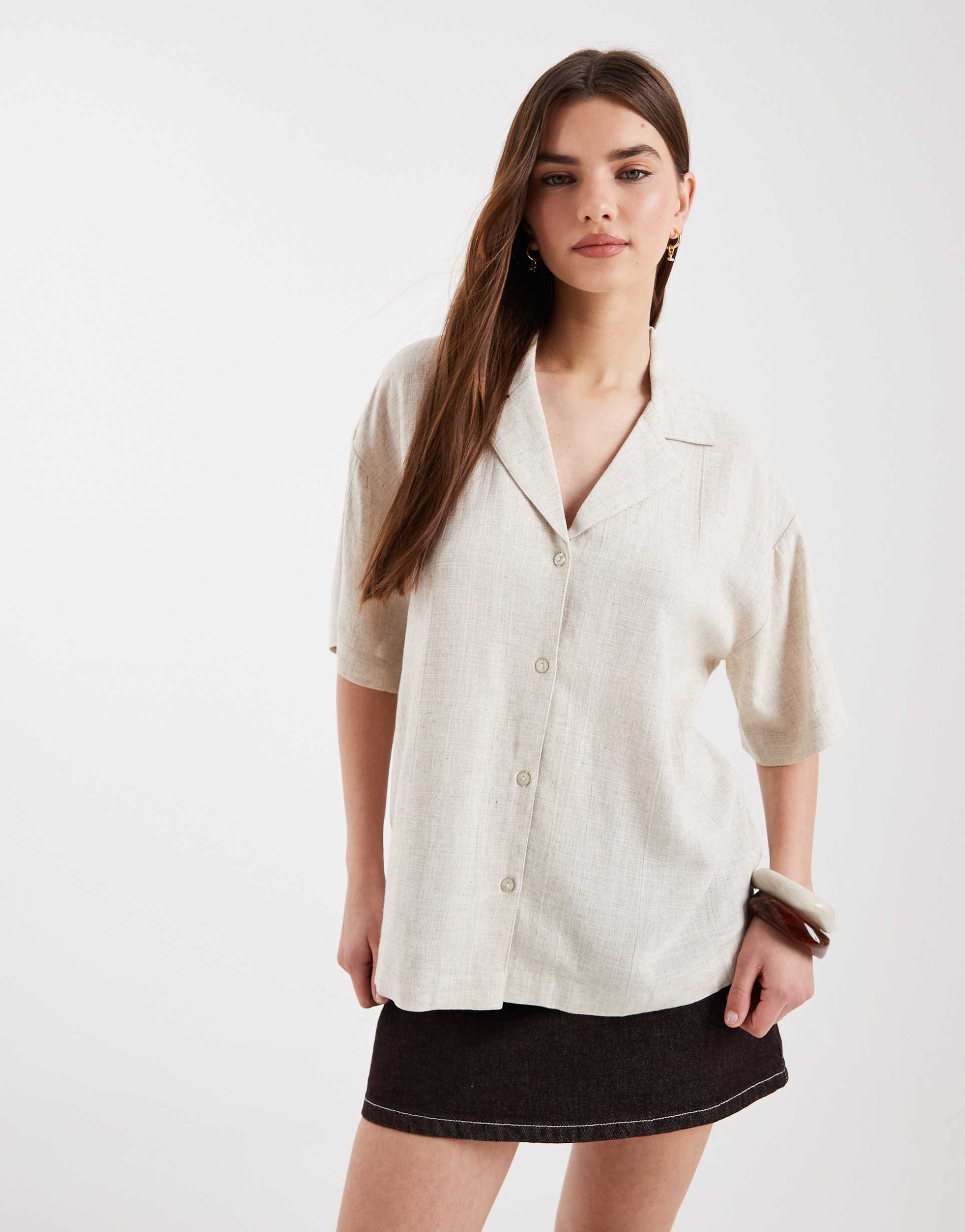 asos design camp collar linen shirt in oatmeal