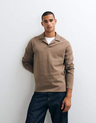 Asos Design Camp Collar Long Sleeve Polo Shirt In Brown