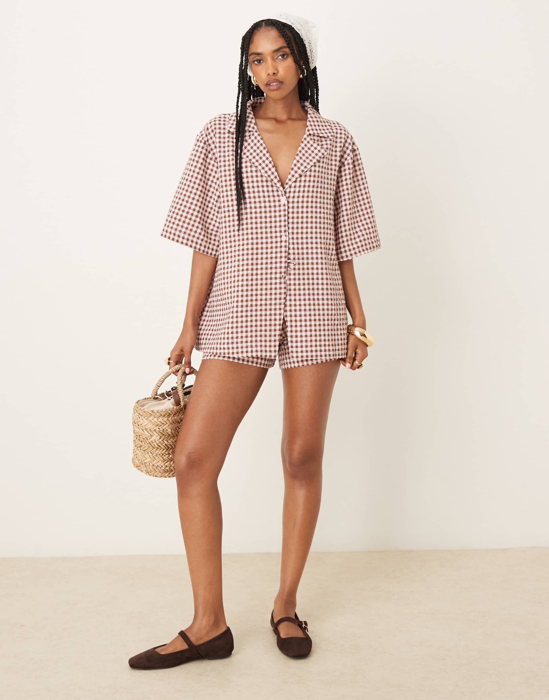 asos design camp collar resort shirt in pink gingham