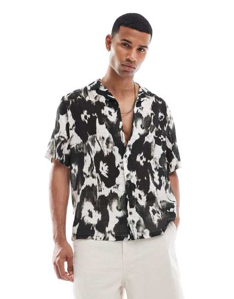 ASOS DESIGN camp collar shirt with abstract floral print in black - view 1