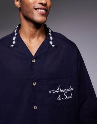 Asos Design Camp Collar Shirt With Placement Print And Embroidery In Blue