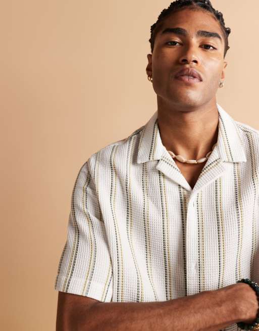 ASOS DESIGN camp collar textured shirt in white with green stripe, 3 of 4
