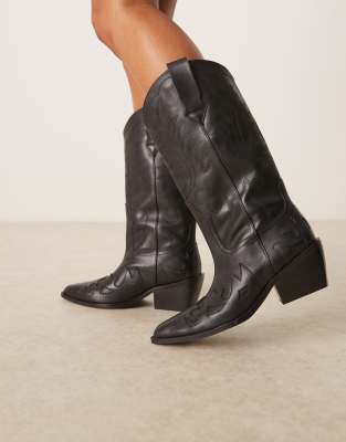 ASOS DESIGN - Camryn - Kniehohe Westernstiefel aus Leder in Schwarz