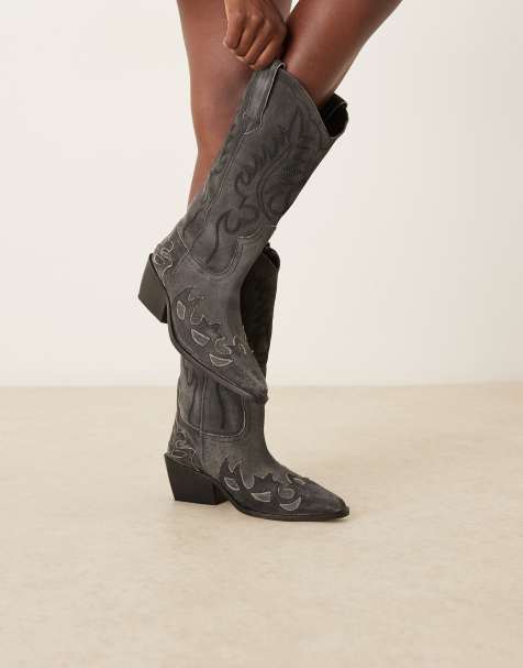 ASOS DESIGN Camryn leather cowboy knee boots in aged black suede - view 1