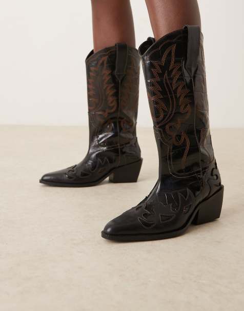 ASOS DESIGN Camryn leather cowboy knee boots in black croc mix with stitching detail - view 1
