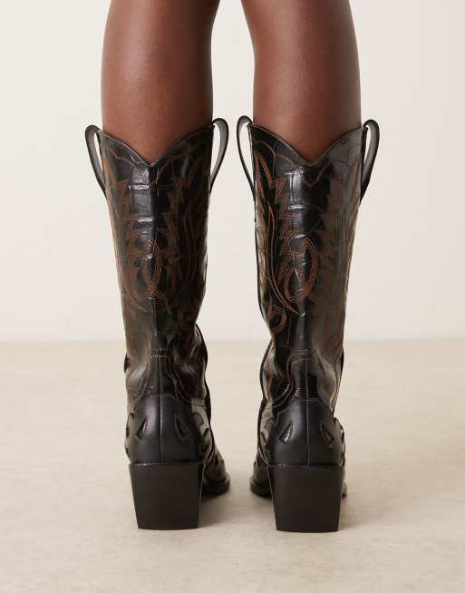 ASOS DESIGN Camryn leather cowboy knee boots in black croc mix with stitching detail, 2 of 4