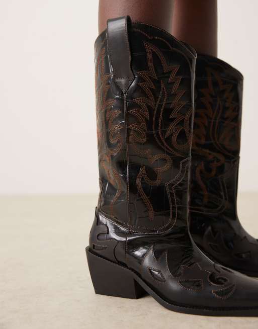 ASOS DESIGN Camryn leather cowboy knee boots in black croc mix with stitching detail, 3 of 4