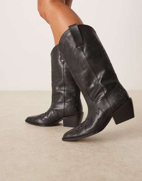 ASOS DESIGN Camryn leather cowboy knee boots in black - view 1