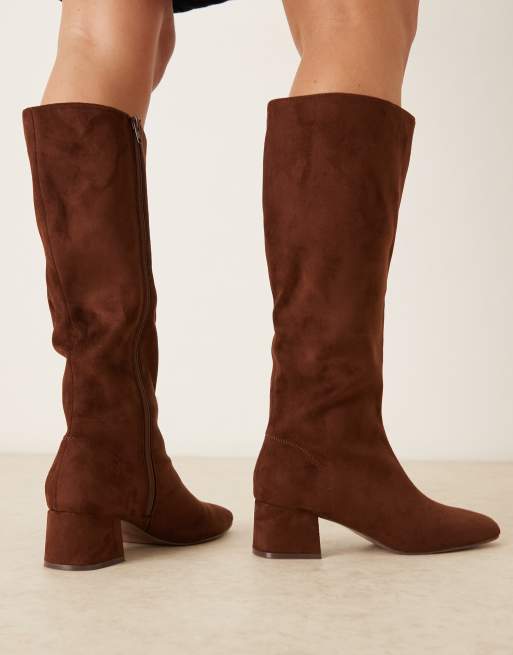 ASOS DESIGN Canary block heeled knee boots in chocolate suedette