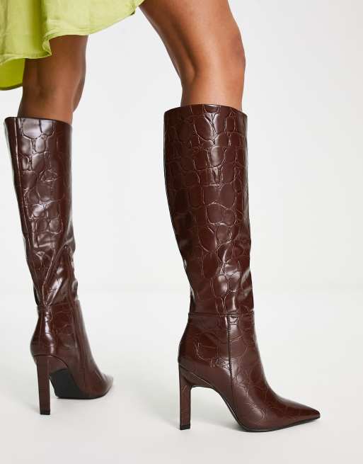 ASOS DESIGN Cancun knee high boots in brown croc