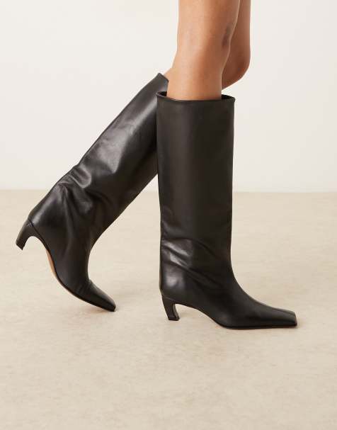 ASOS DESIGN Candace premium pull on chisel toe knee boots in black leather - view 1