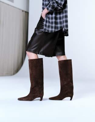  Candace premium pull on chisel toe knee boots in chocolate suede