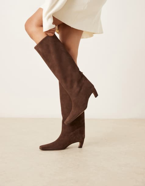 ASOS DESIGN Candace premium pull on chisel toe knee boots in chocolate suede - view 1