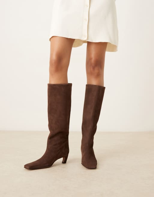 ASOS DESIGN Candace premium pull on chisel toe knee boots in chocolate suede